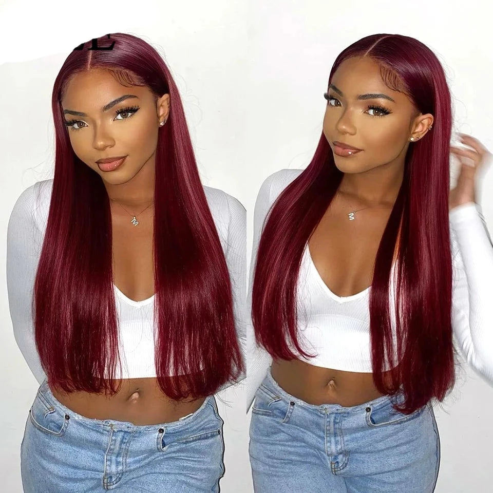 Wear And Go Glueless Brazilian Straight 99j Burgundy Lace Front 6x4 Preplucked Human Wig