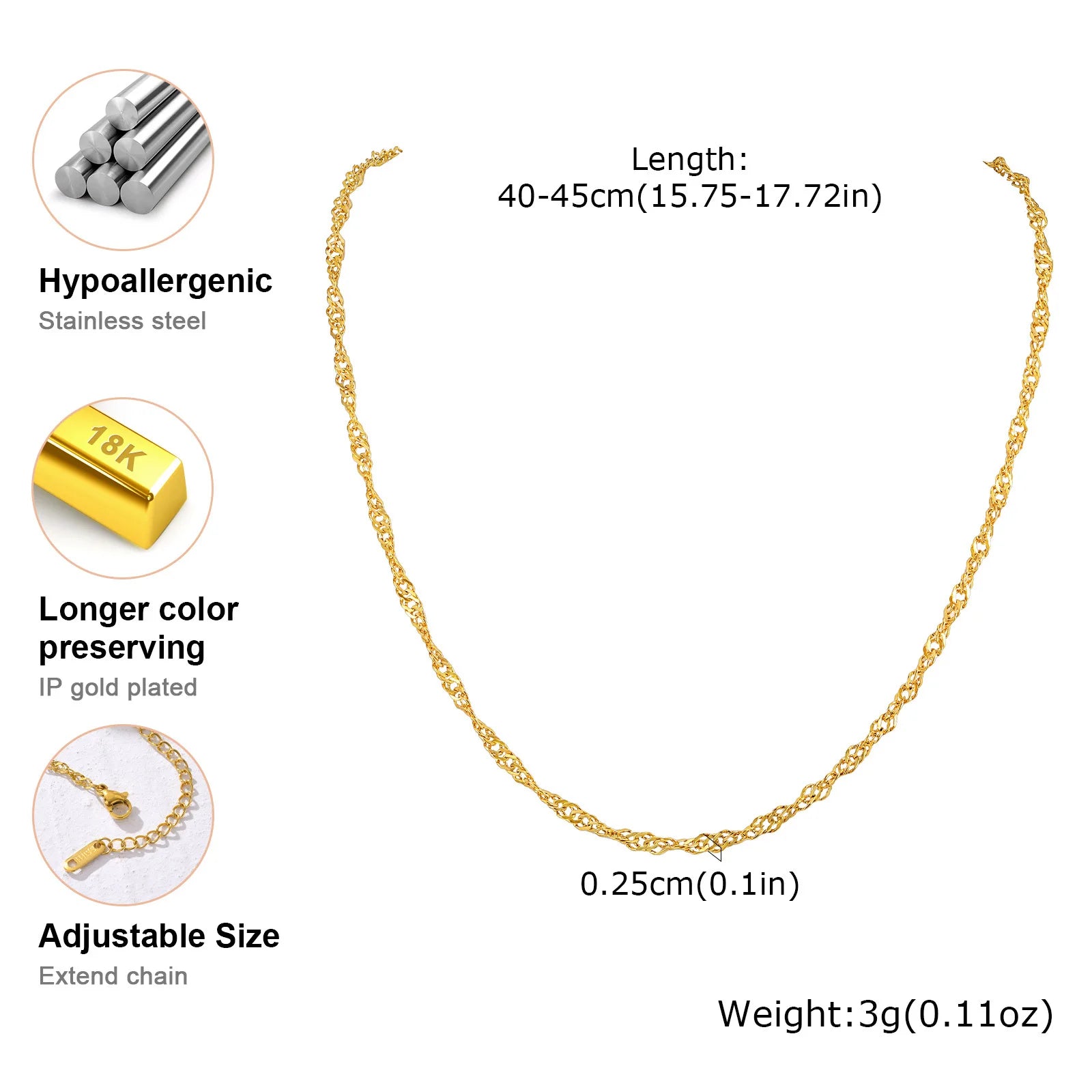 Twisted Singapore Chain Choker Necklace | 18K PVD Gold Stainless Steel Adjustable Collar