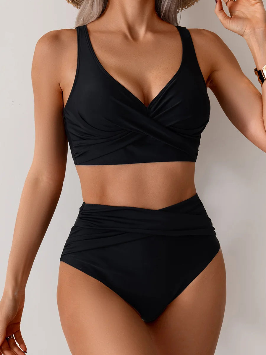 Crossover V-Neck Bikini Set | Ruched High Waist Bottoms