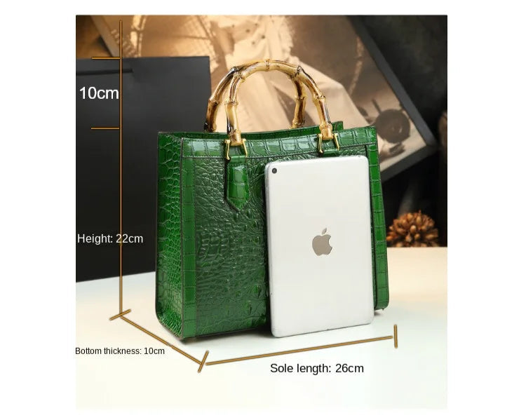 Crocodile Pattern Genuine Leather Structured Bag with Bamboo Handles