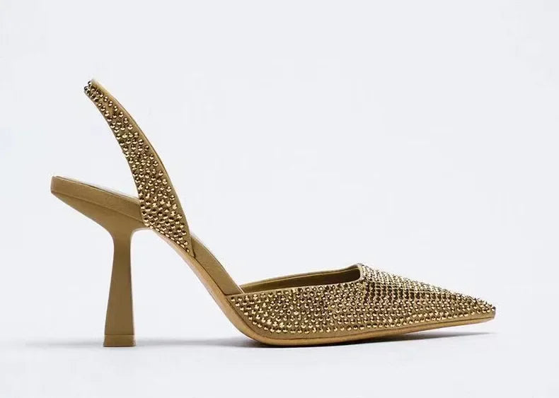 Crystal Rhinestone Slingback Pumps – Pointed Toe High Heels | Black, Gold & Blue