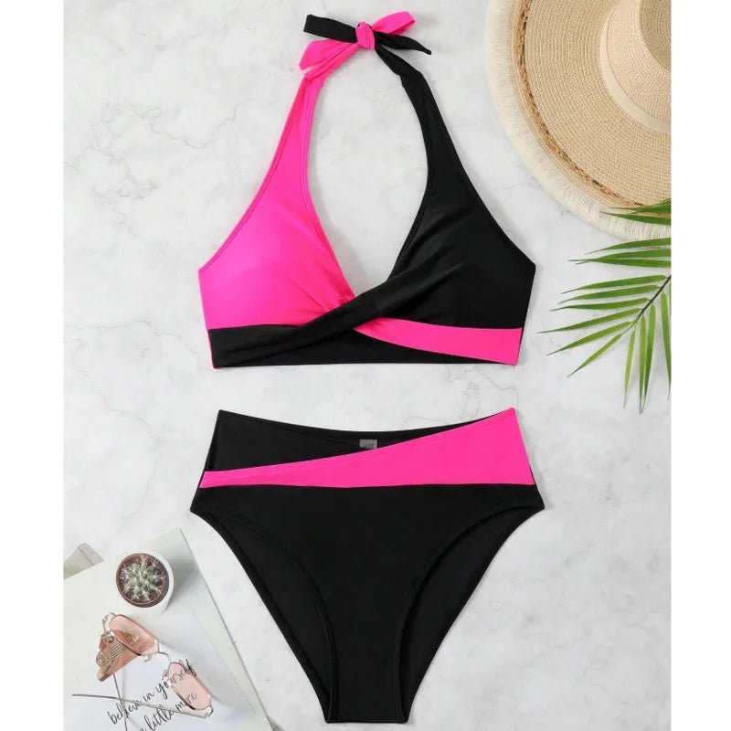 Crossover Wrap Halter Bikini Set | Color - Block High Waist Two - Piece - The PM Edit