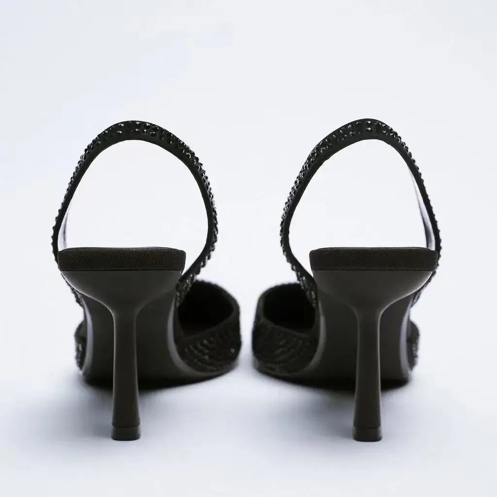 Crystal Rhinestone Slingback Pumps – Pointed Toe High Heels | Black, Gold & Blue