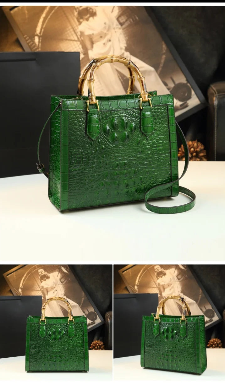 Crocodile Pattern Genuine Leather Structured Bag with Bamboo Handles
