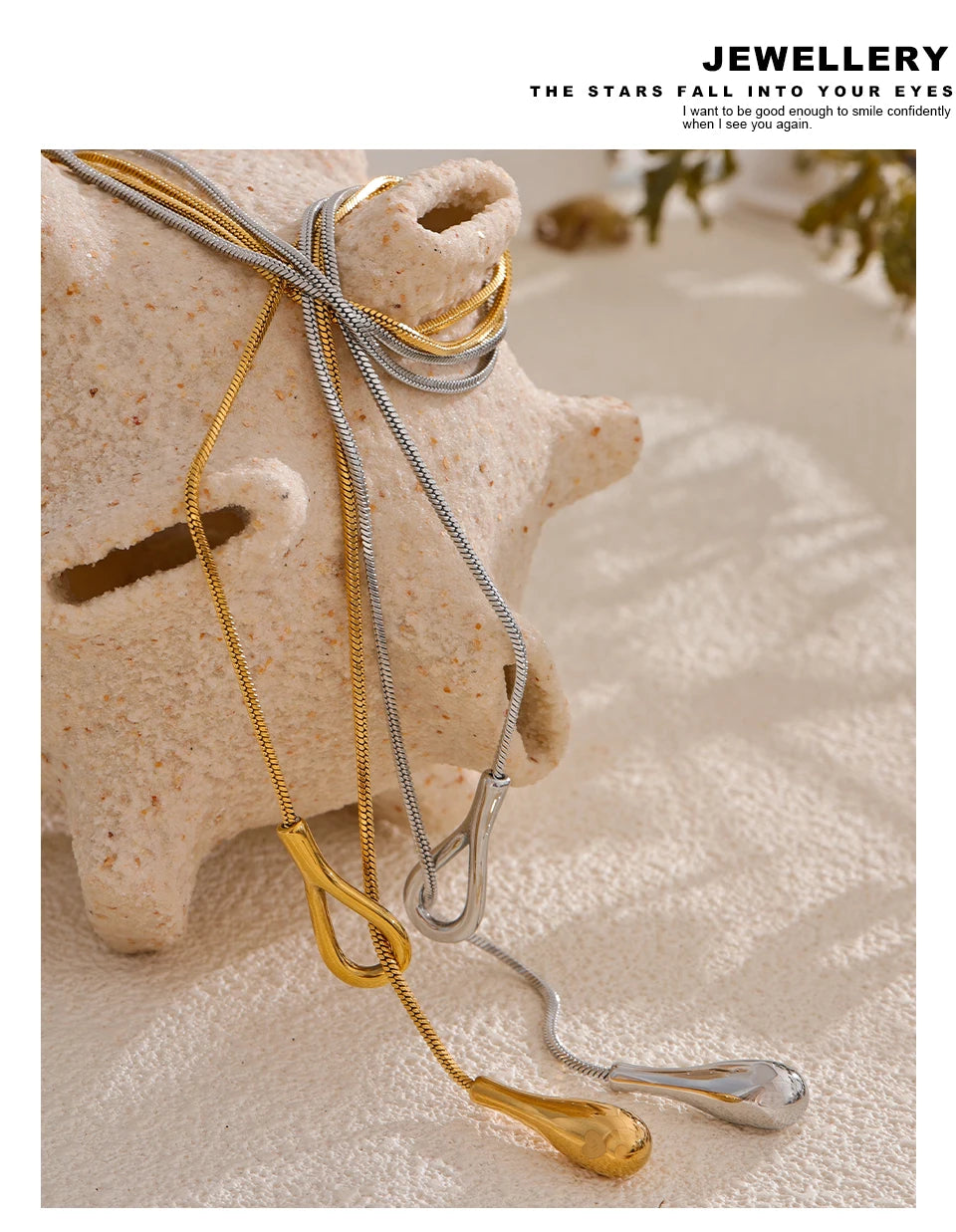 Teardrop Lariat Snake Chain Necklace | 18K PVD Gold Stainless Steel Statement Jewelry