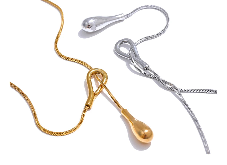 Teardrop Lariat Snake Chain Necklace | 18K PVD Gold Stainless Steel Statement Jewelry