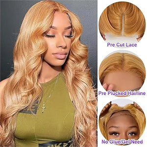 Wear And Go Glueless Honey Blonde Lace Front Wigs. Human Hair. #27 Color Body Wave Wig PrePlucked HD Lace Wig.