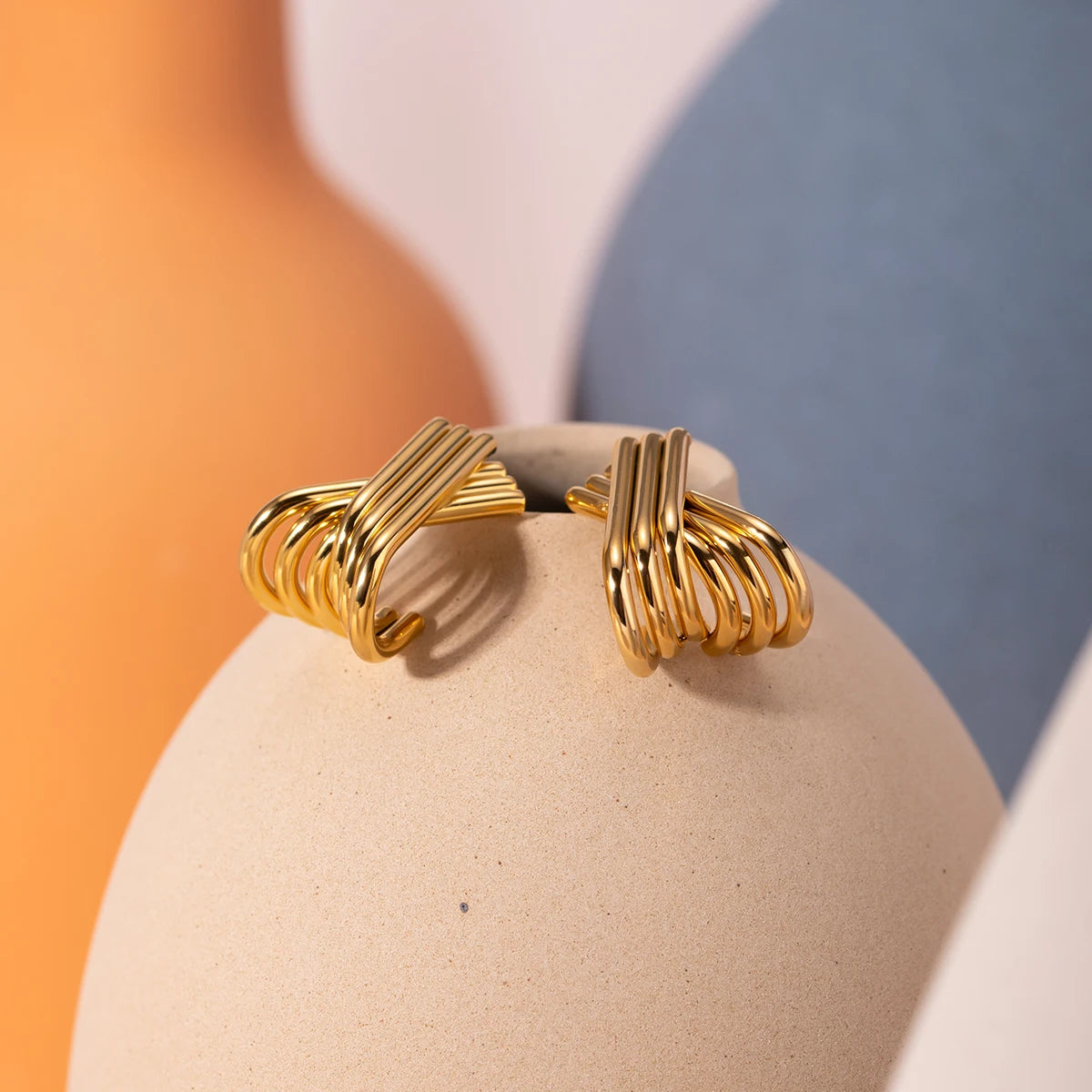 Gold X-Shape Multi-Line Stud Earrings | 18K PVD Waterproof Stainless Steel Jewelry