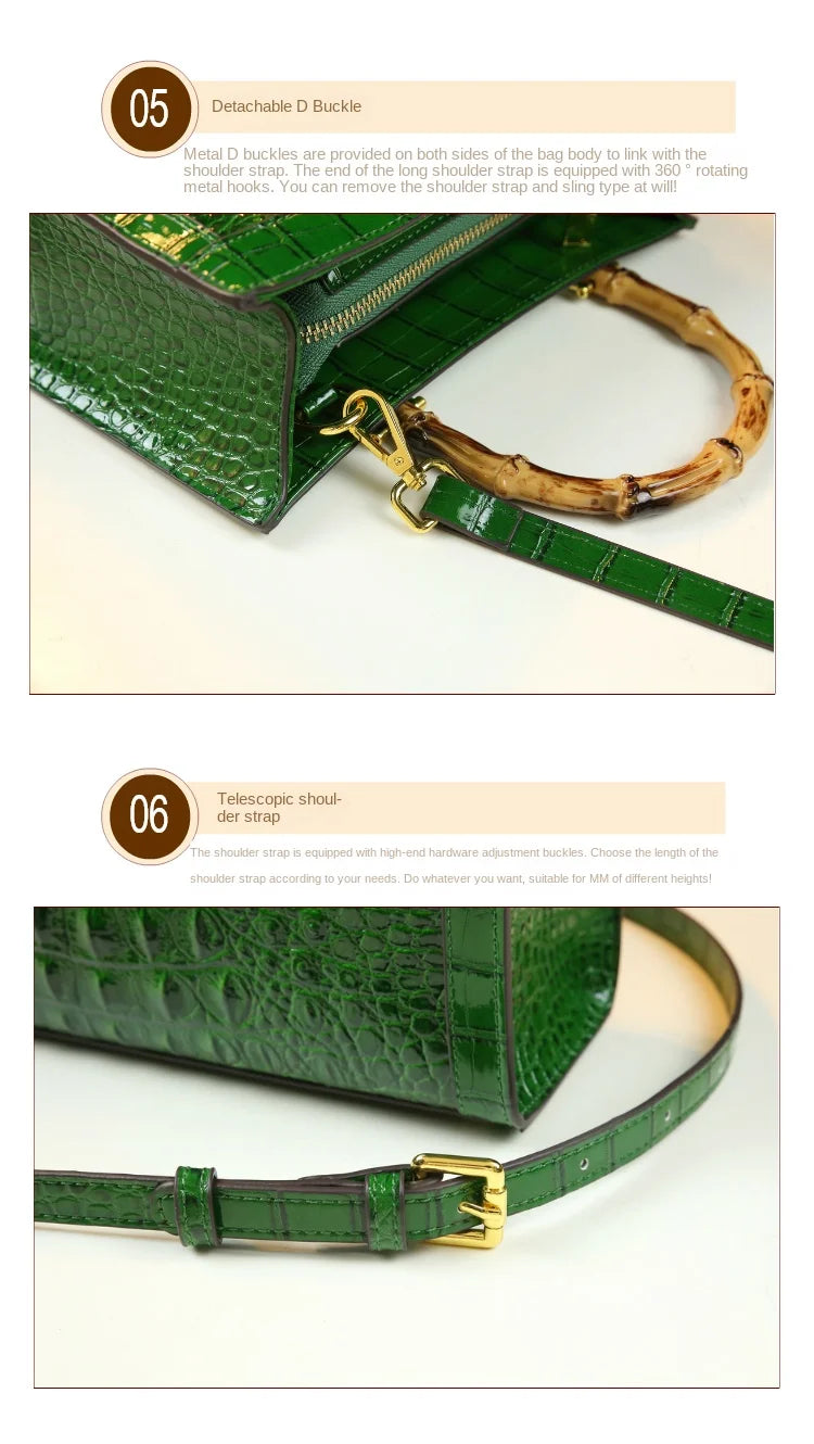Crocodile Pattern Genuine Leather Structured Bag with Bamboo Handles