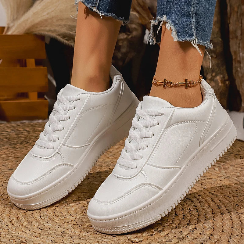 White Platform Sneakers – Chunky Lace-Up PU Leather Shoes for Women