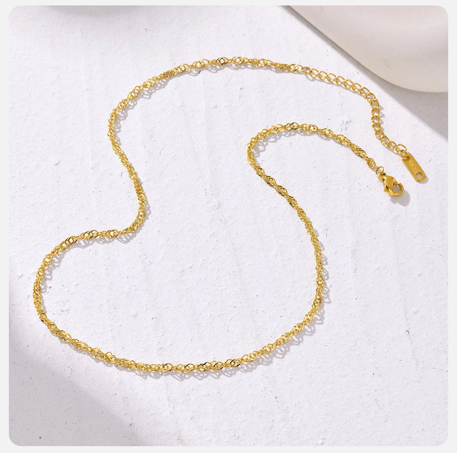 Twisted Singapore Chain Choker Necklace | 18K PVD Gold Stainless Steel Adjustable Collar