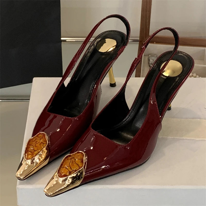 Diamond Inlay Pointed Toe Slingback Heels