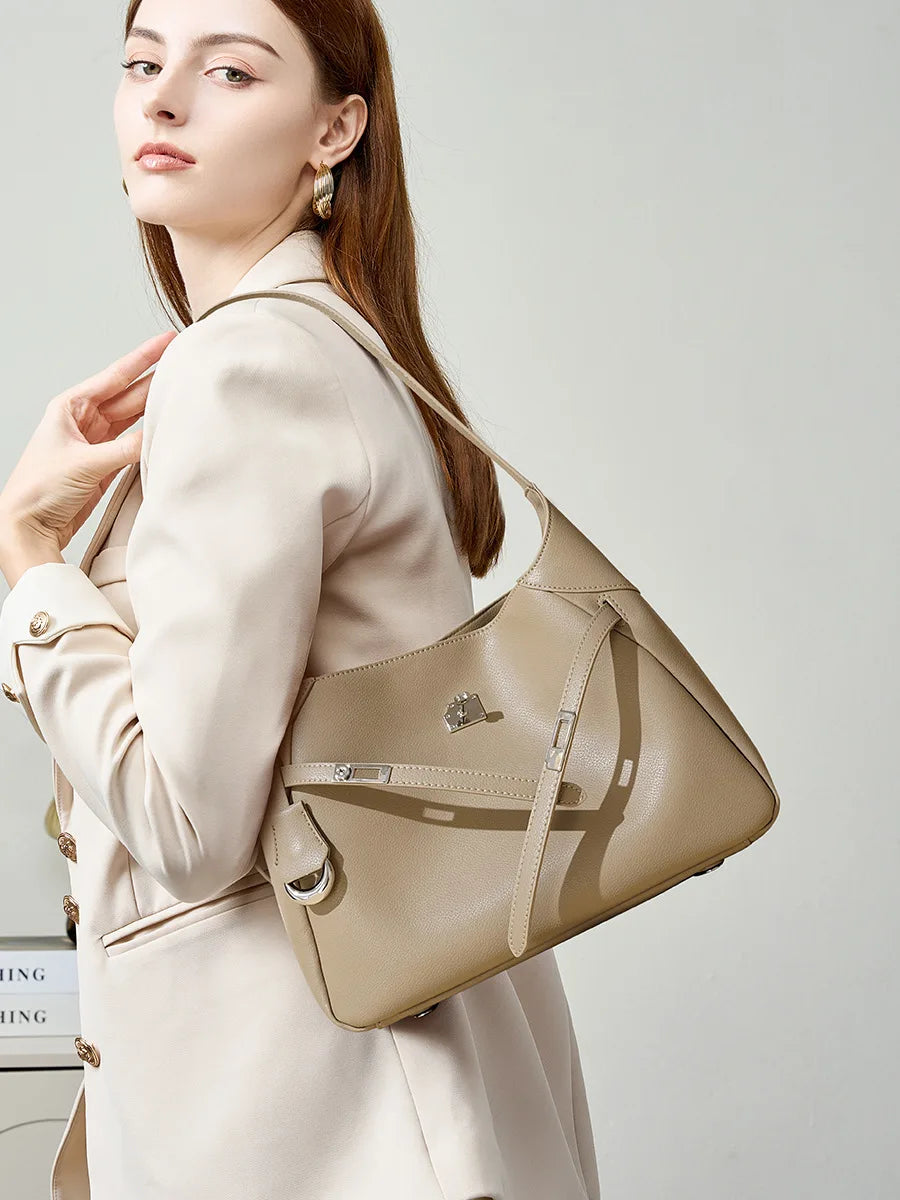 Buckle Cowhide Leather Baguette Shoulder Bag | Underarm Tote