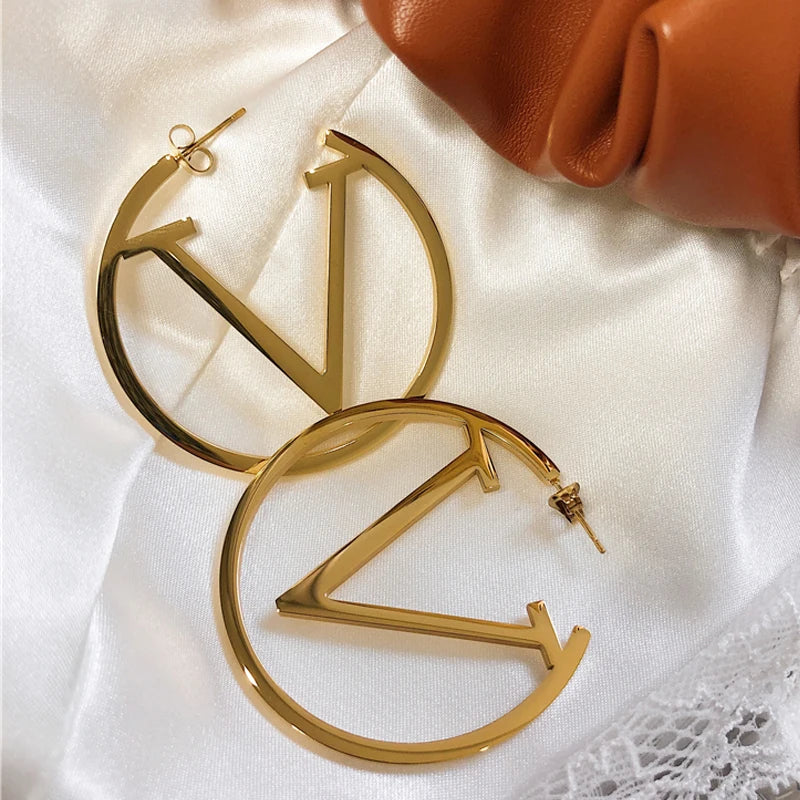 Gold Hoop Earrings with Letter V – Personalized Statement Jewelry