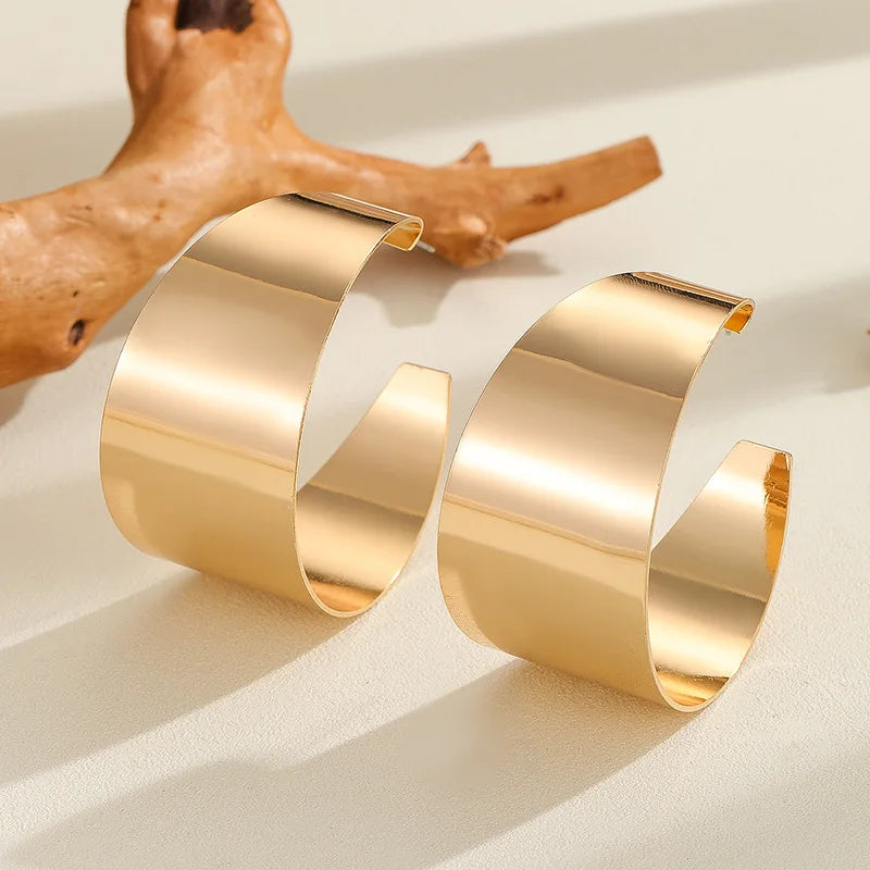 Large Gold-Plated Wide Hoop Earrings – Bold Shine, Timeless Edge