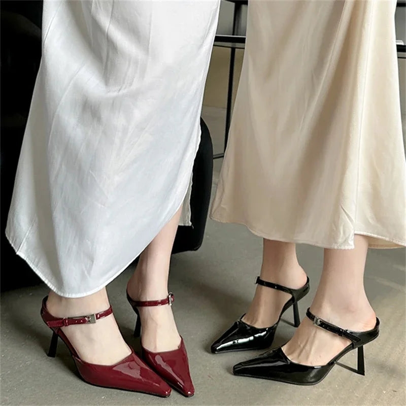 Pointed-Toe Strappy Slip-On Heels