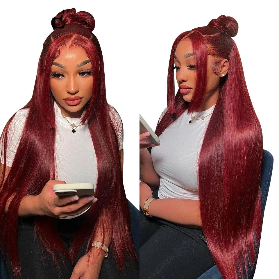 Wear And Go Glueless Brazilian Straight 99j Burgundy Lace Front 6x4 Preplucked Human Wig