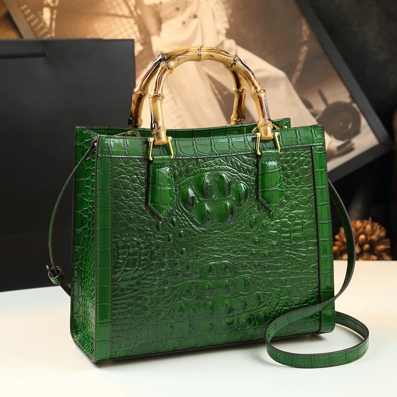 Crocodile Pattern Genuine Leather Structured Bag with Bamboo Handles
