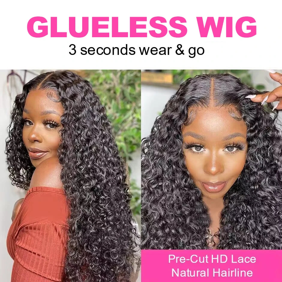 Water Wave Glueless Wig. Pre-Cut HD Lace Wig. 180% Pre-Plucked Natural Wave Glueless Curly Human Hair Wig.