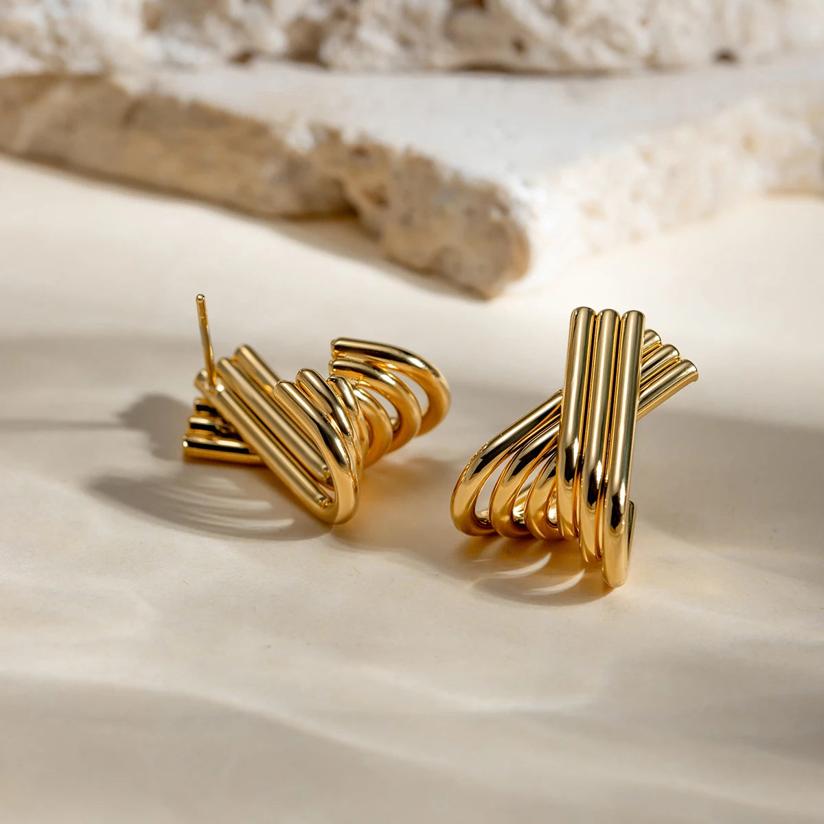 Gold X-Shape Multi-Line Stud Earrings | 18K PVD Waterproof Stainless Steel Jewelry