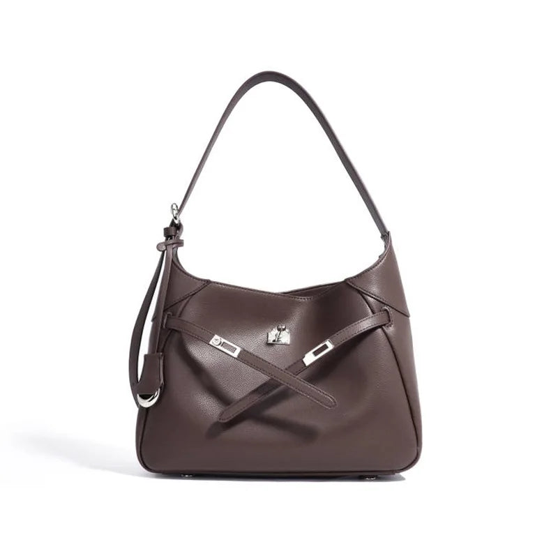 Buckle Cowhide Leather Baguette Shoulder Bag | Underarm Tote