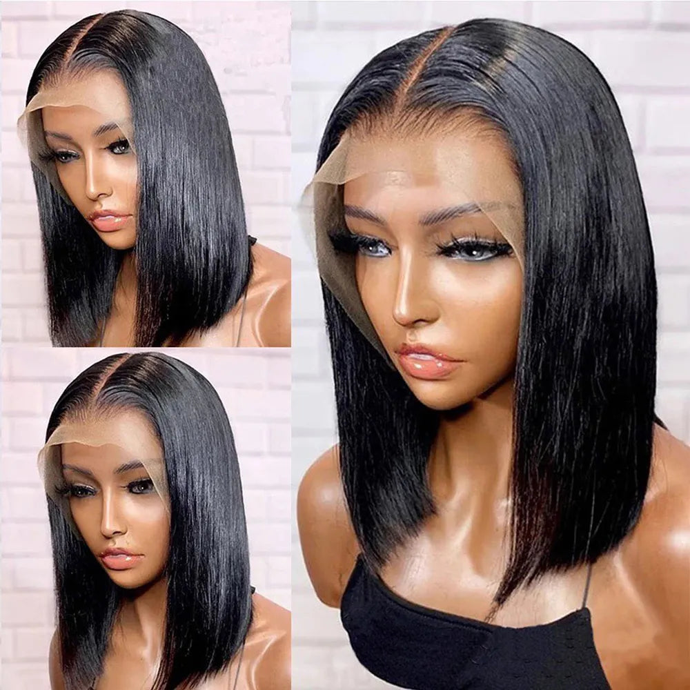 13x4 Lace Front Human Hair Wig. Transparent Lace Frontal Wig. Short Bob Wig. Glueless Remy Straight Natural Wig.