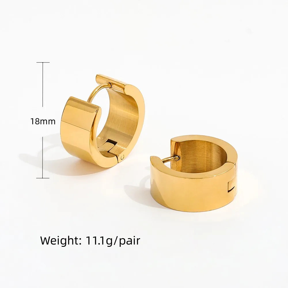 Wide Band Gold Huggie Hoop Earrings | Waterproof Stainless Steel Minimalist Jewelry