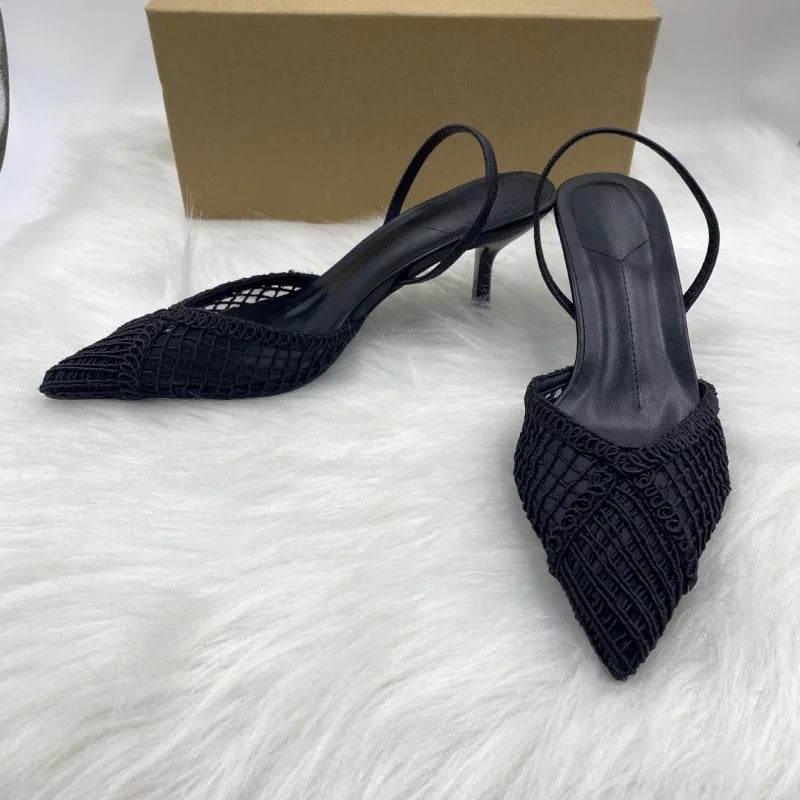 Woven Mesh Pointed-Toe Slingback Heels