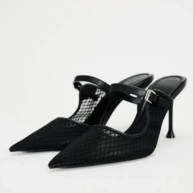 Pointed Toe Mesh Slingback Stiletto Mules — Black - The PM Edit