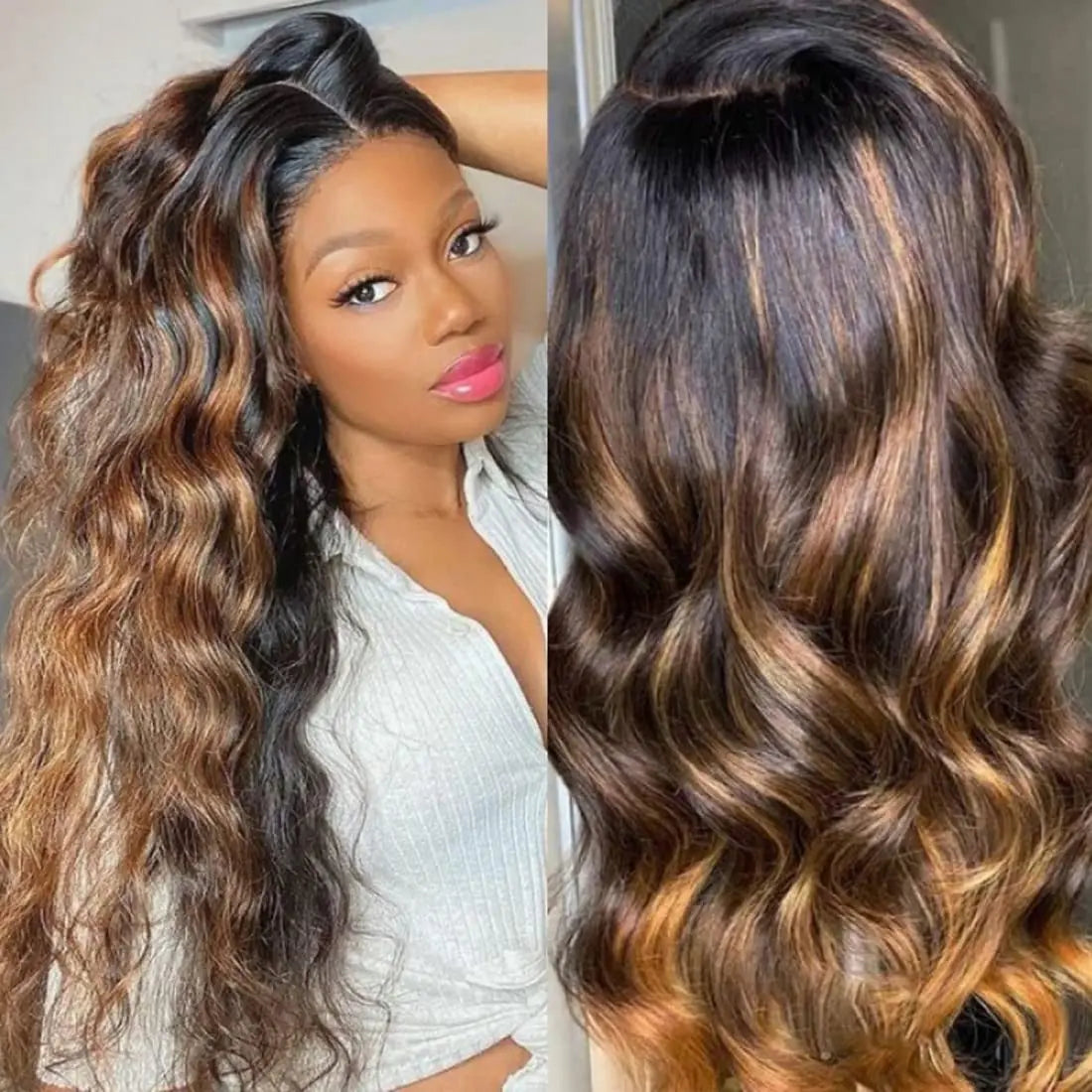 13x4 Lace Frontal Wig. Human Hair. Highlight Color Lace Frontal Wig. PrePluck Brown Body Wave Wig. Invisible HD Lace Wig.