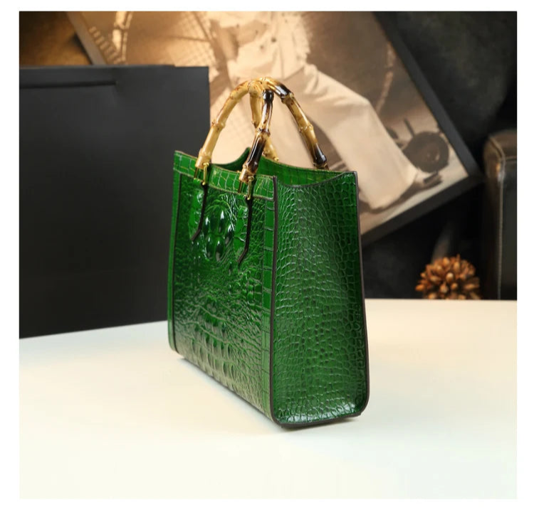 Crocodile Pattern Genuine Leather Structured Bag with Bamboo Handles
