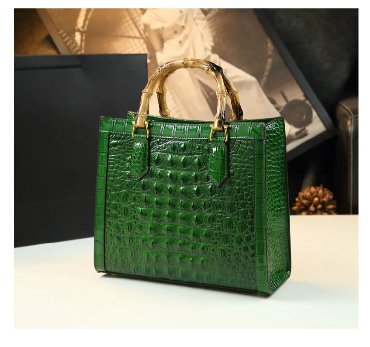 Crocodile Pattern Genuine Leather Structured Bag with Bamboo Handles