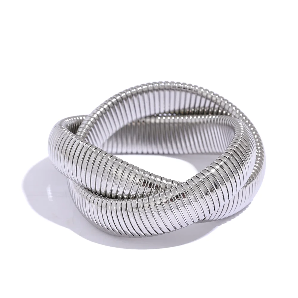 Chunky Ribbed Omega Tube Bangle Bracelet | 18K PVD Gold & Silver Stainless Steel Jewelry