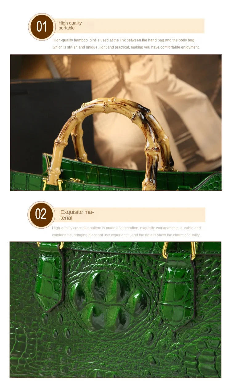 Crocodile Pattern Genuine Leather Structured Bag with Bamboo Handles