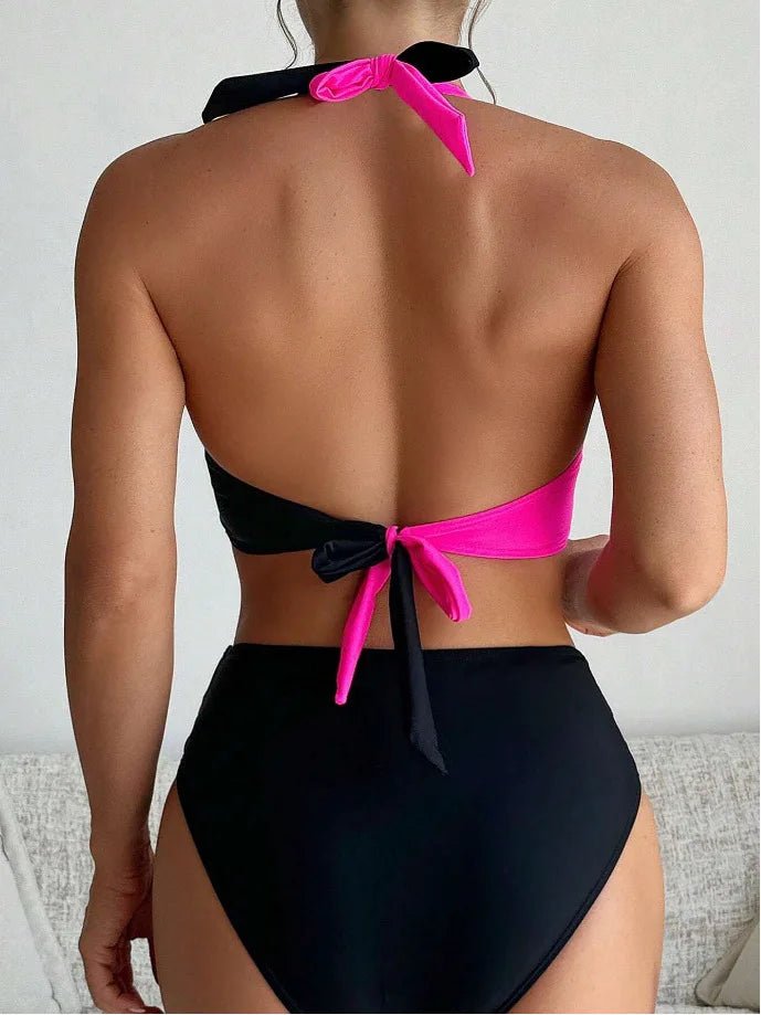 Crossover Wrap Halter Bikini Set | Color - Block High Waist Two - Piece - The PM Edit