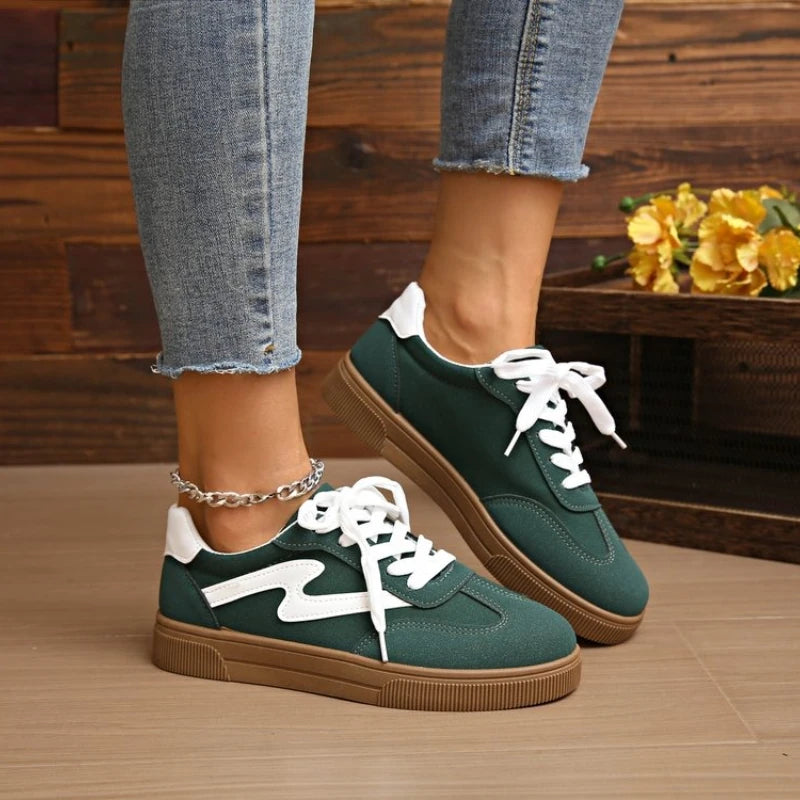 Women's Mixed Color Tennis Sneakers – Lace-Up Flat Trainers in Pink & Green