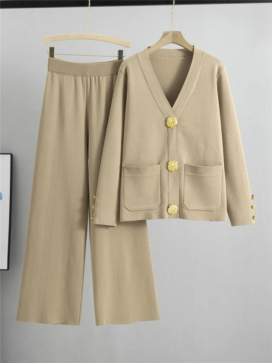 2-Piece Knit Lounge Set with Gold Button Detail – Cozy Meets Chic