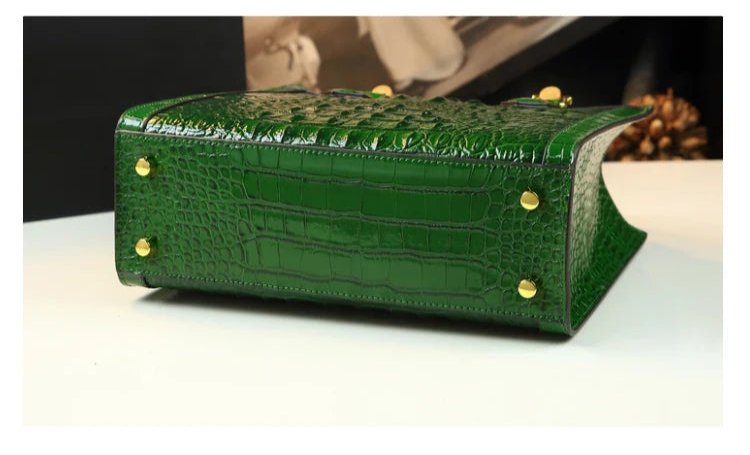 Crocodile Pattern Genuine Leather Structured Bag with Bamboo Handles