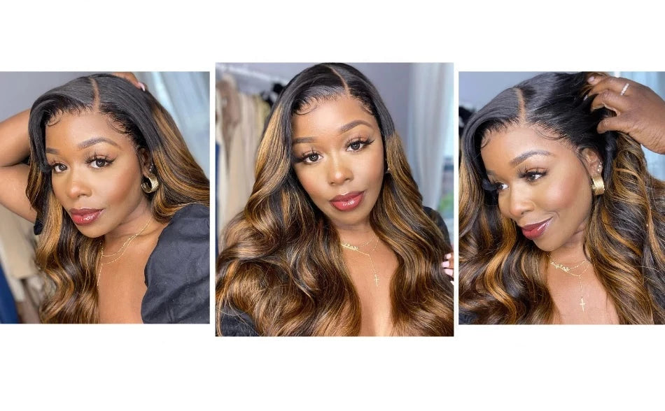 13x4 Lace Frontal Wig. Human Hair. Highlight Color Lace Frontal Wig. PrePluck Brown Body Wave Wig. Invisible HD Lace Wig.