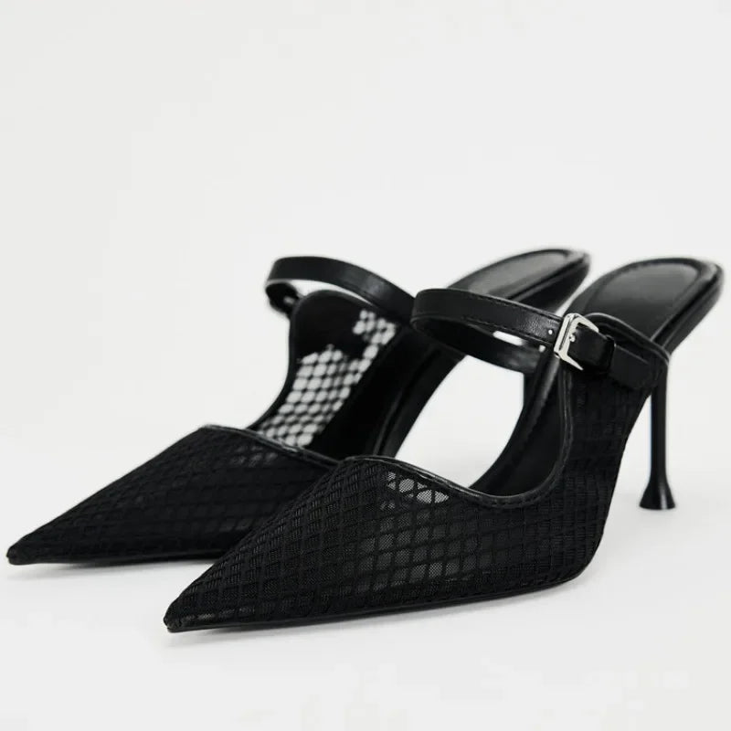 Pointed Toe Mesh Slingback Stiletto Mules — Black - The PM Edit