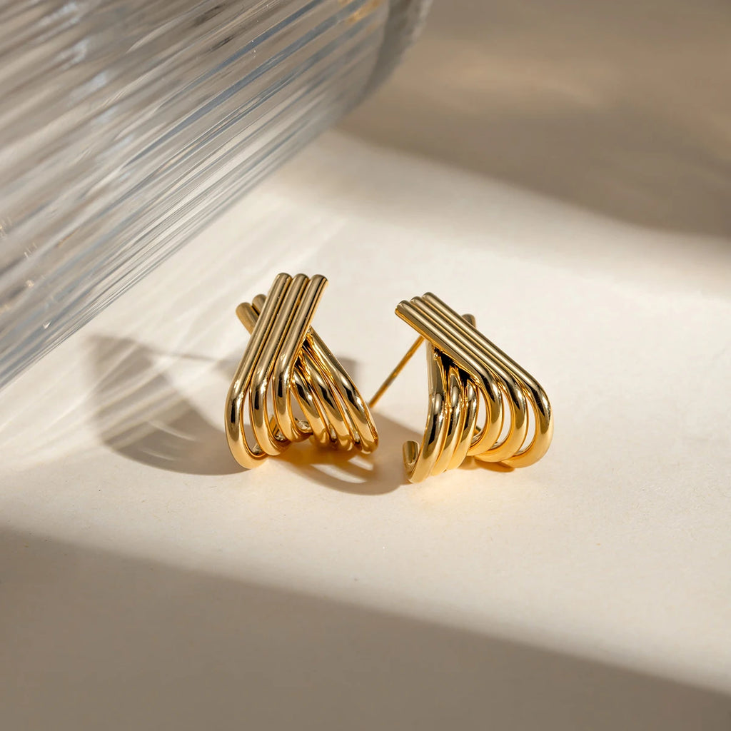 Gold X-Shape Multi-Line Stud Earrings | 18K PVD Waterproof Stainless Steel Jewelry