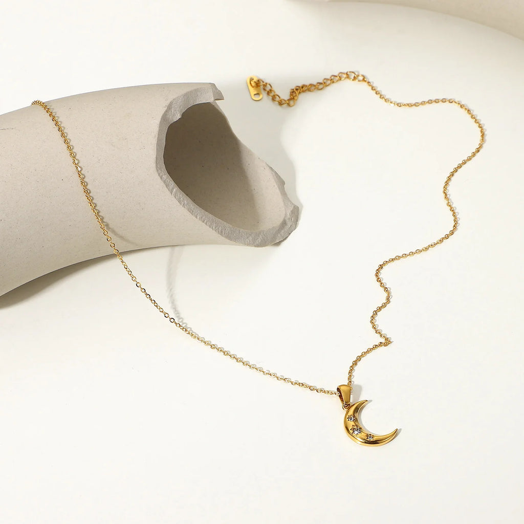 Crescent Moon & Star CZ Pendant Necklace | 18K Gold Plated Stainless Steel Celestial Jewelry
