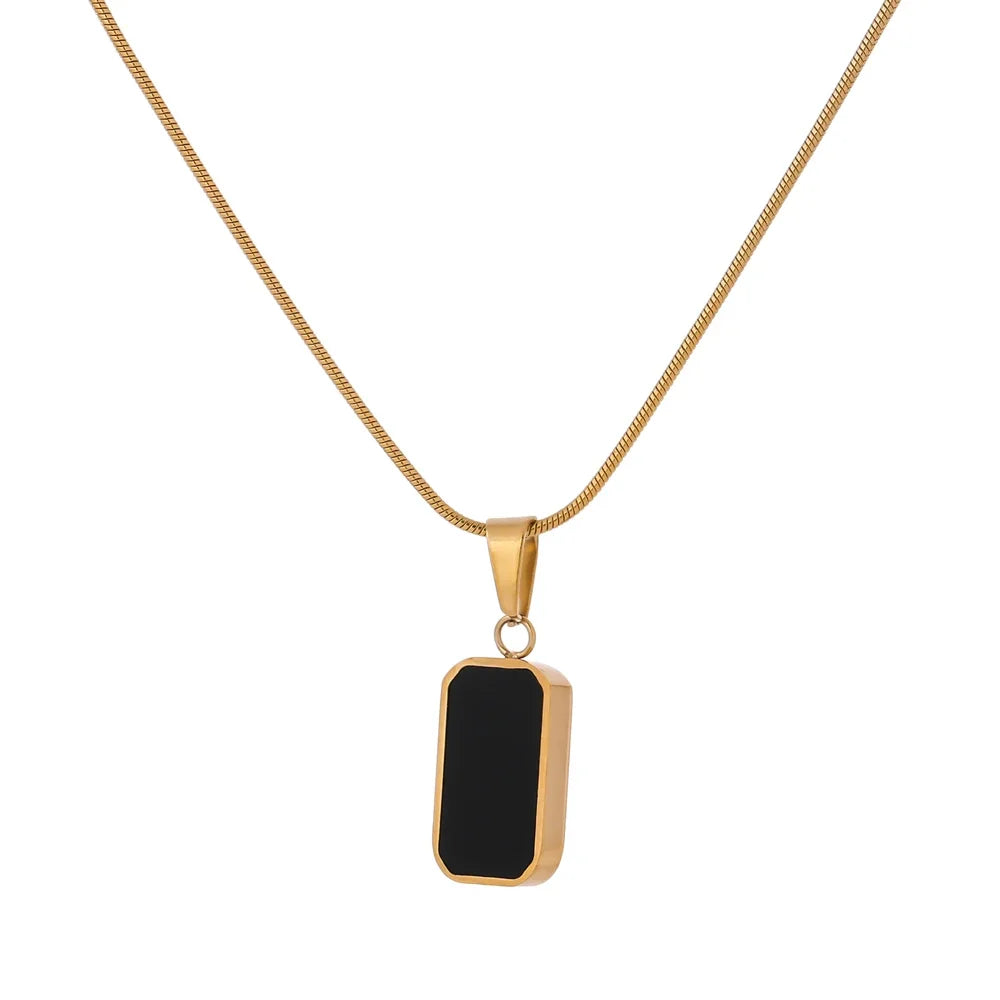 Black Enamel Rectangle Pendant Necklace | Double-Sided 18K Gold Snake Chain Jewelry