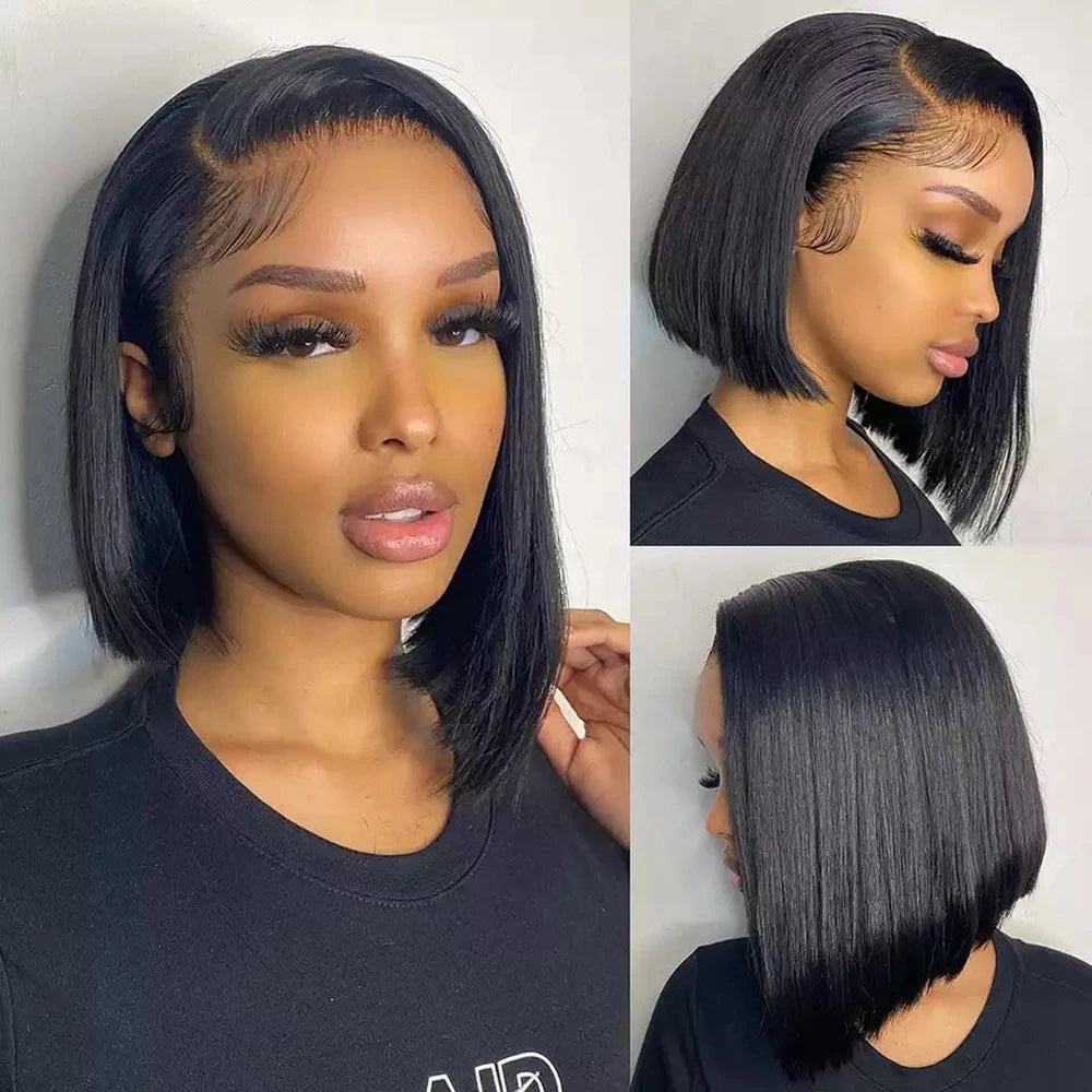 13x4 Lace Front Human Hair Wig. Transparent Lace Frontal Wig. Short Bob Wig. Glueless Remy Straight Natural Wig.