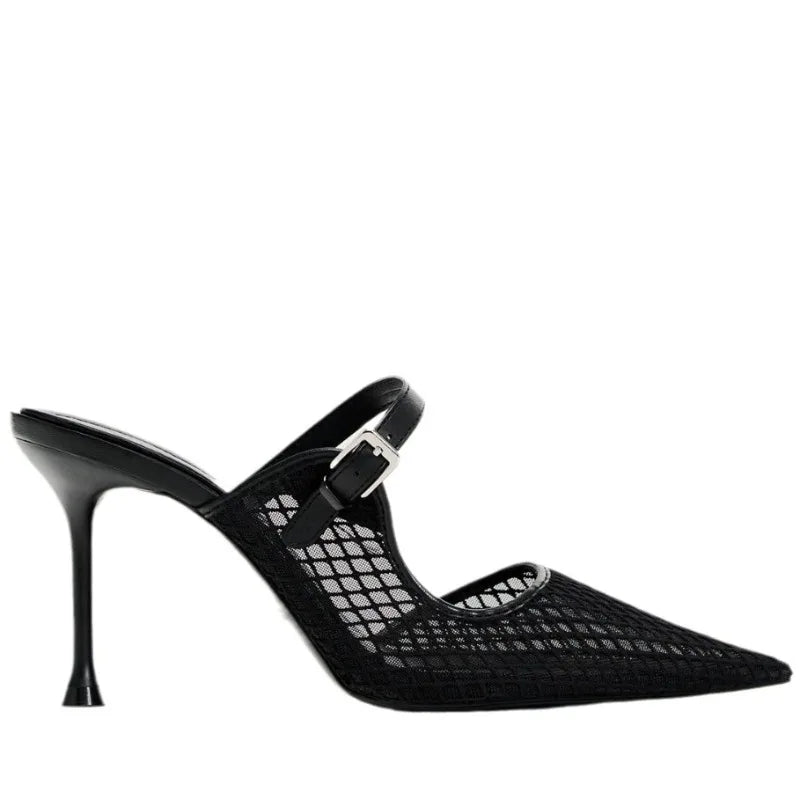 Pointed Toe Mesh Slingback Stiletto Mules — Black - The PM Edit