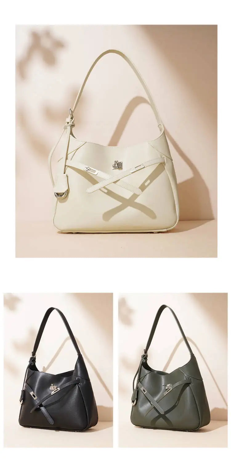 Buckle Cowhide Leather Baguette Shoulder Bag | Underarm Tote