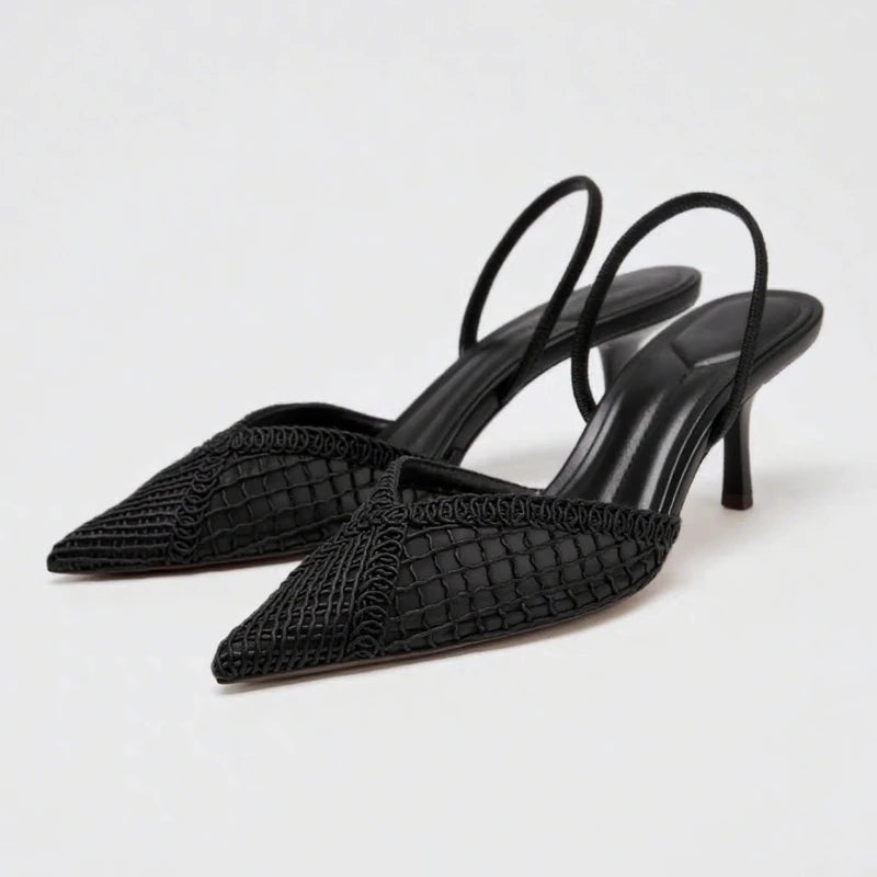 Woven Mesh Pointed-Toe Slingback Heels