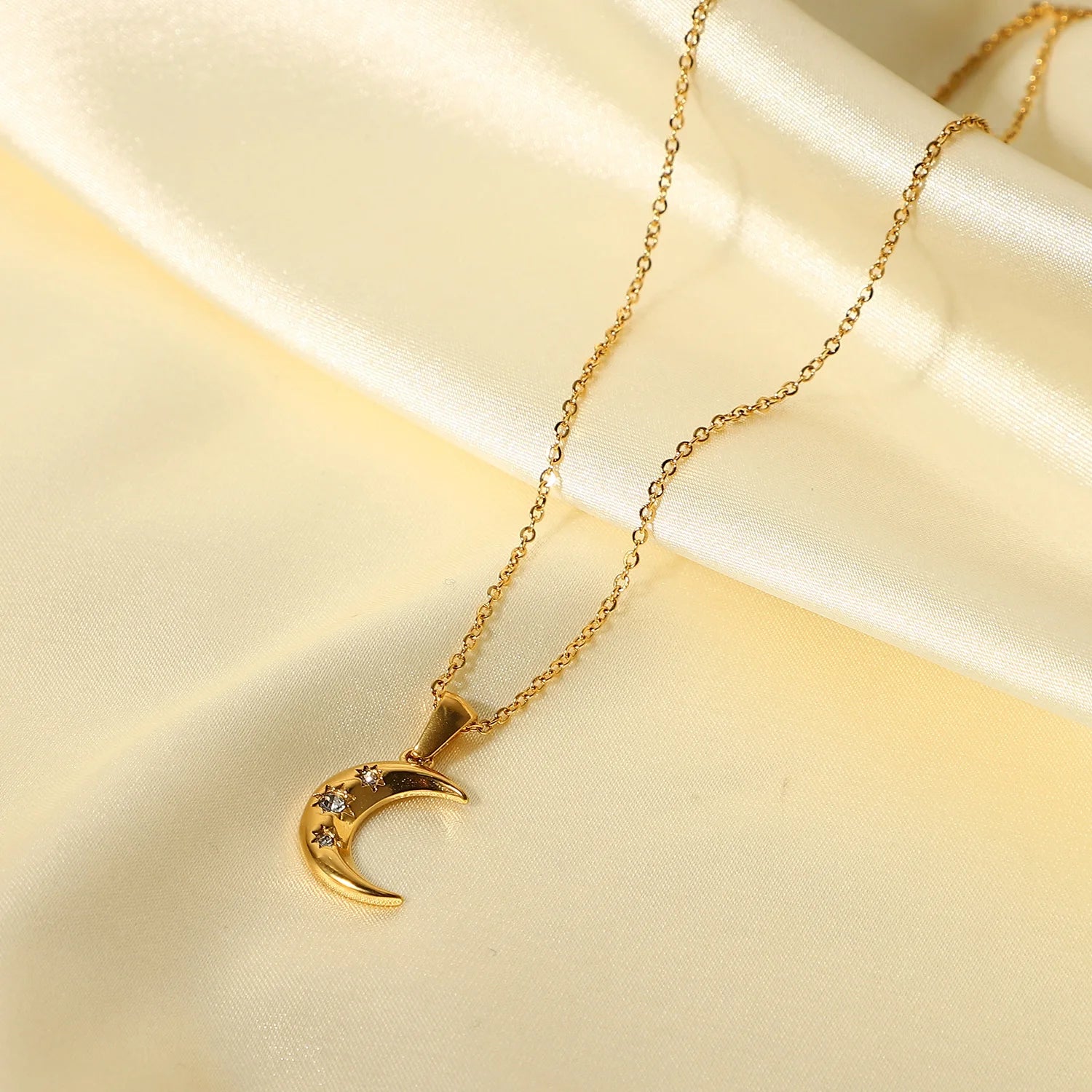 Crescent Moon & Star CZ Pendant Necklace | 18K Gold Plated Stainless Steel Celestial Jewelry