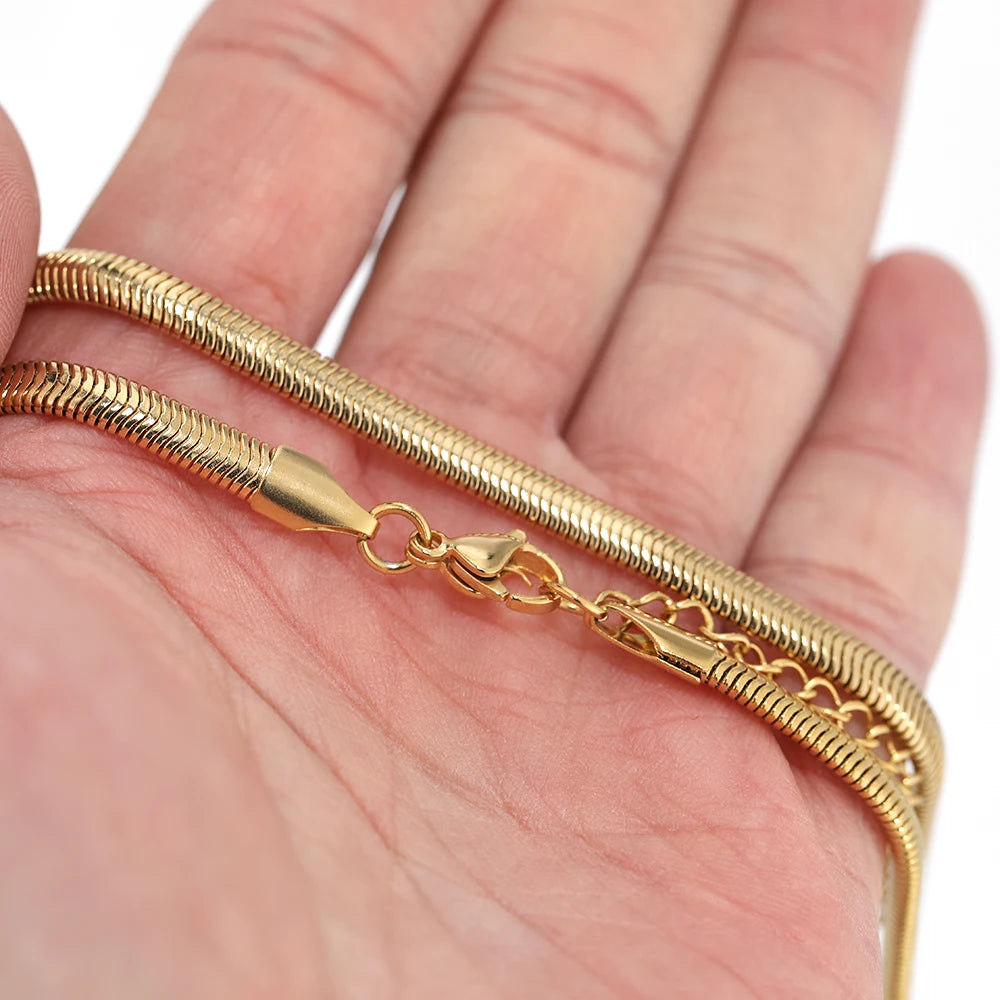 4mm Flat Herringbone Snake Chain Choker Necklace | 18K Gold & Silver Stainless Steel