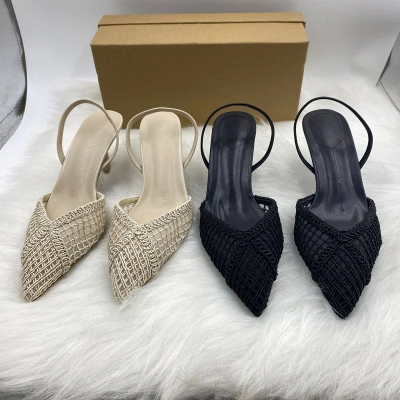 Woven Mesh Pointed-Toe Slingback Heels